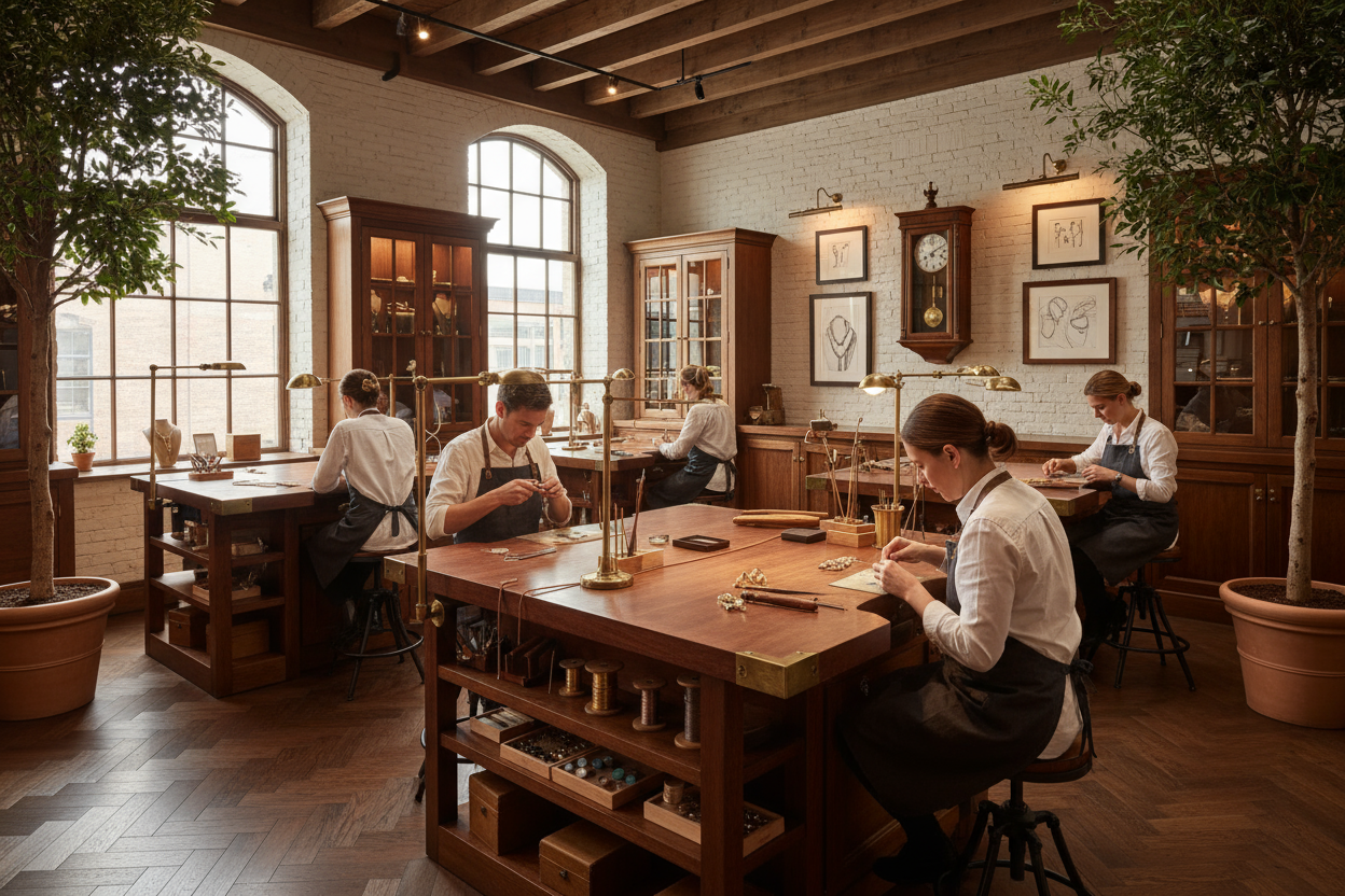 image d'un atelier de bijoux ou on va du bois des collaborateurs qui travaille sur les bijoux un environnement chic et artisanale 